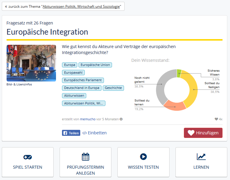 Screenshot vom Fragesatz zur EU-Integration mit persönlichem Wissensstand.